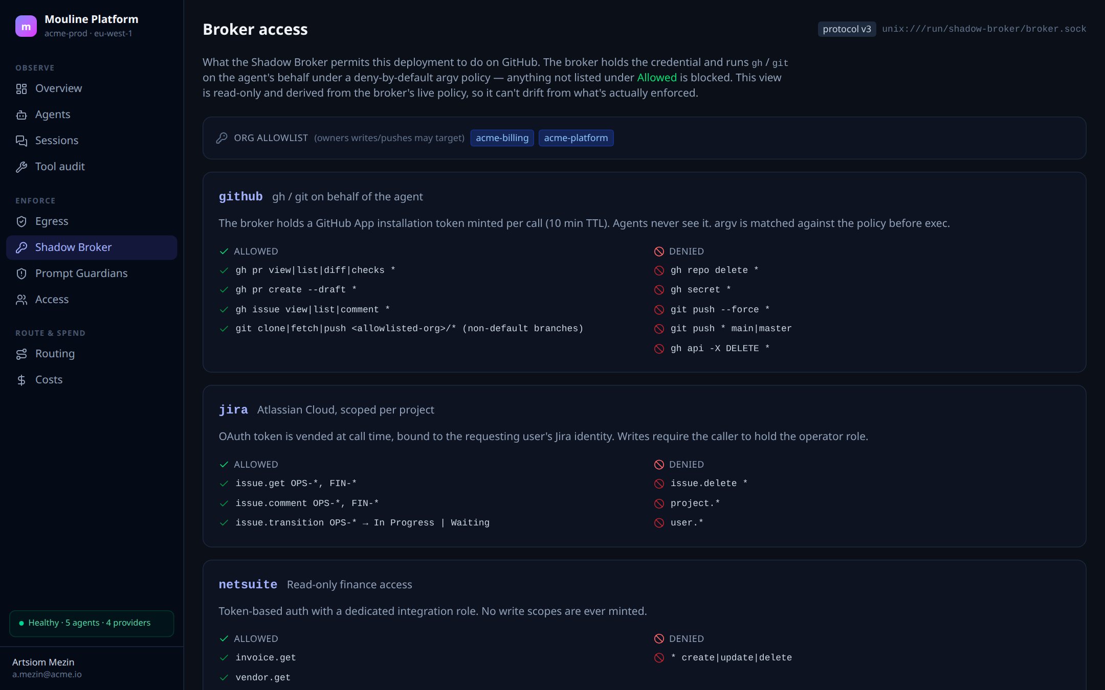 Shadow Broker policy: allowed and denied operations for GitHub, Jira and NetSuite