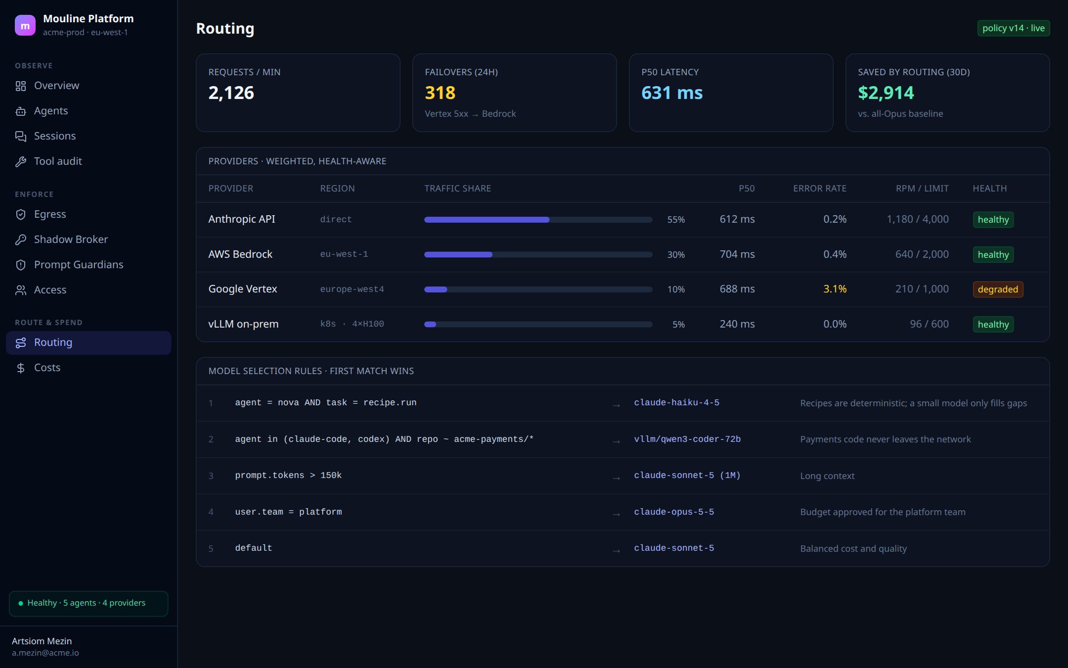 Routing: provider traffic share, health and model selection rules