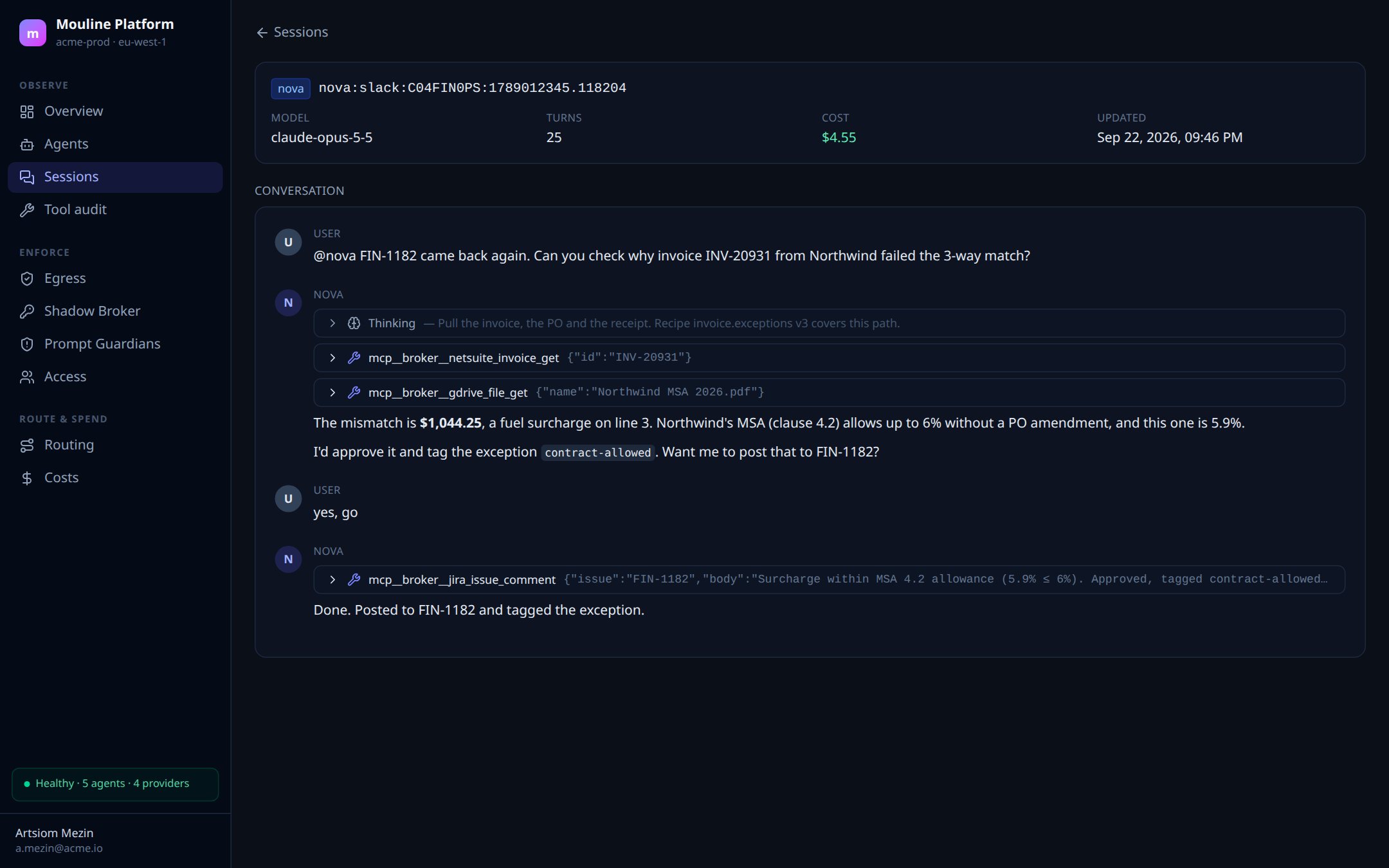 Session view: a Nova conversation with every tool call and its arguments